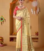 Cream printed art silk traditional saree with blouse piece