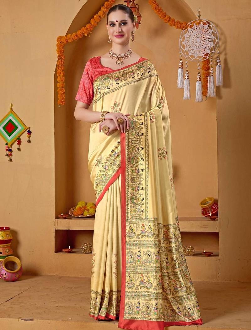 Cream printed art silk traditional saree with blouse piece