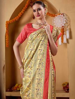 Cream printed art silk traditional saree with blouse piece 2