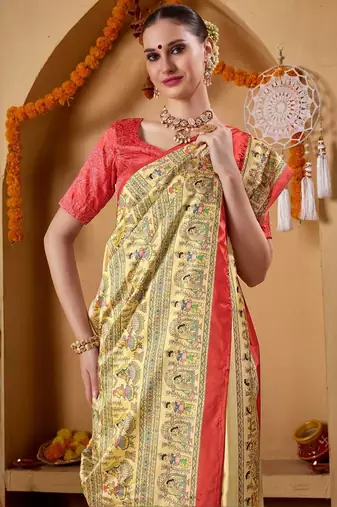 Cream printed art silk traditional saree with blouse piece