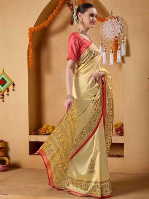 Cream printed art silk traditional saree with blouse piece 3