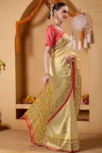 Cream printed art silk traditional saree with blouse piece