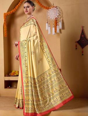 Cream printed art silk traditional saree with blouse piece 4