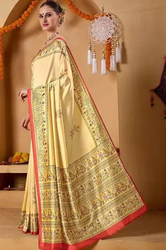 Cream printed art silk traditional saree with blouse piece