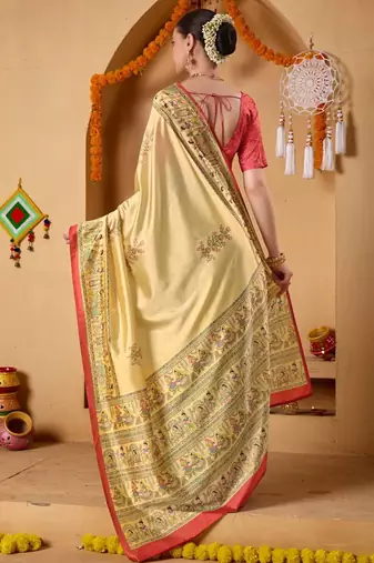 Cream printed art silk traditional saree with blouse piece