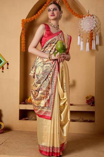 Cream printed art silk traditional saree with blouse piece
