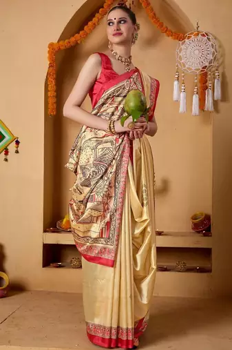 Cream printed art silk traditional saree with blouse piece