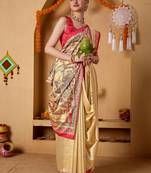 Cream printed art silk traditional saree with blouse piece
