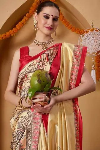 Cream printed art silk traditional saree with blouse piece