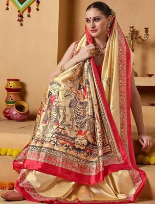 Cream printed art silk traditional saree with blouse piece 3