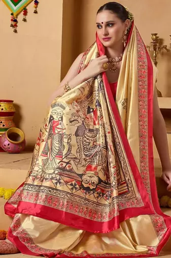Cream printed art silk traditional saree with blouse piece