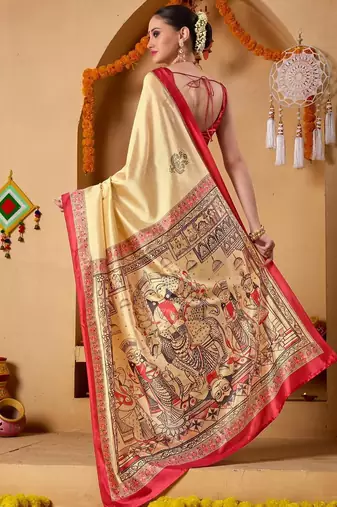 Cream printed art silk traditional saree with blouse piece