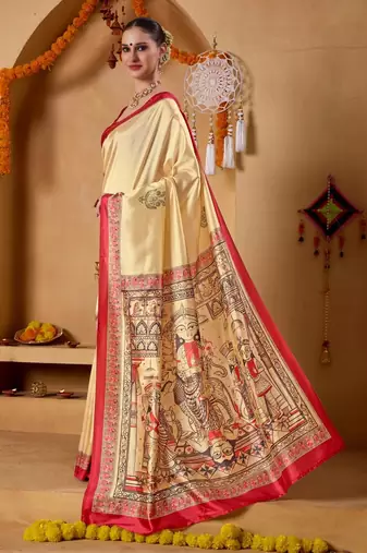 Cream printed art silk traditional saree with blouse piece