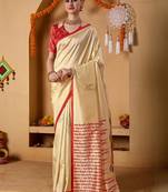 Cream printed art silk traditional saree with blouse piece