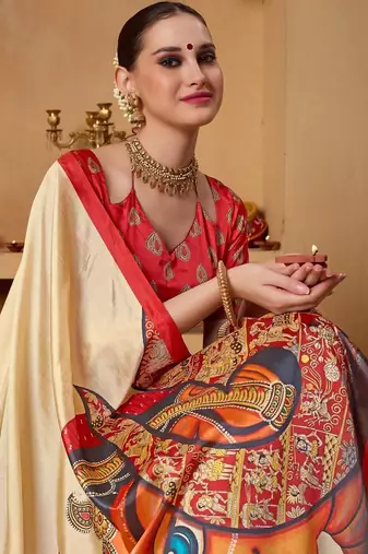 Cream printed art silk traditional saree with blouse piece
