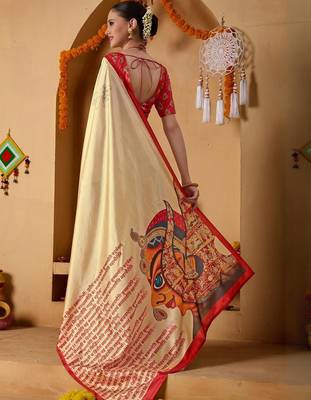 Cream printed art silk traditional saree with blouse piece 5
