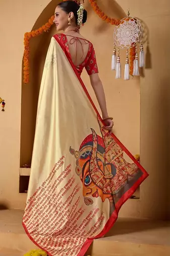 Cream printed art silk traditional saree with blouse piece