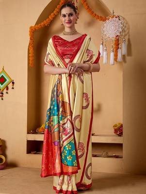 Cream printed art silk traditional saree with blouse piece 1