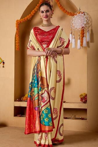 Cream printed art silk traditional saree with blouse piece
