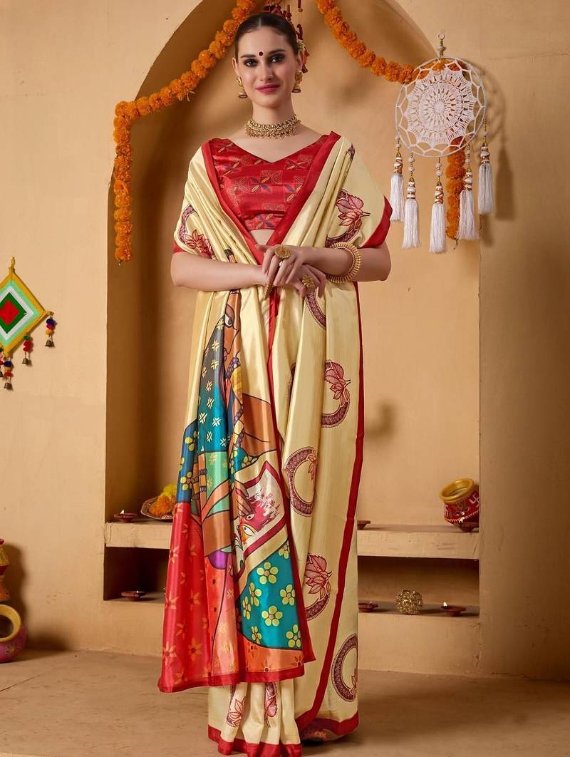 Cream printed art silk traditional saree with blouse piece