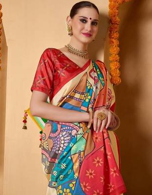 Cream printed art silk traditional saree with blouse piece 2