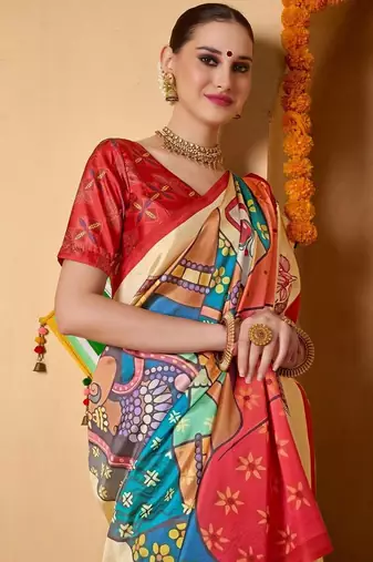 Cream printed art silk traditional saree with blouse piece