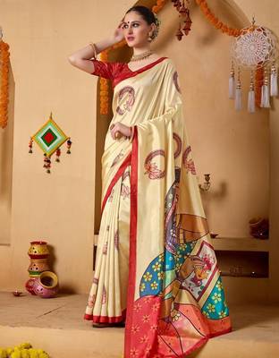 Cream printed art silk traditional saree with blouse piece 3