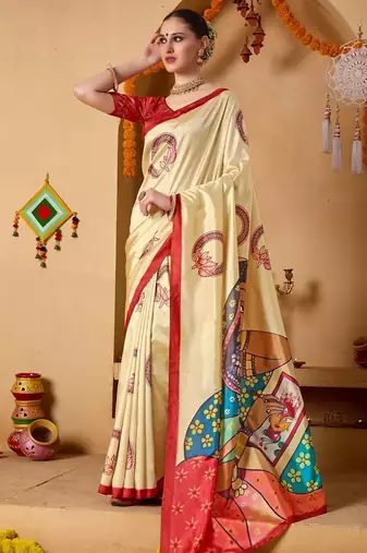 Cream printed art silk traditional saree with blouse piece
