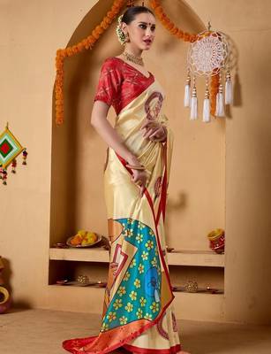 Cream printed art silk traditional saree with blouse piece 4