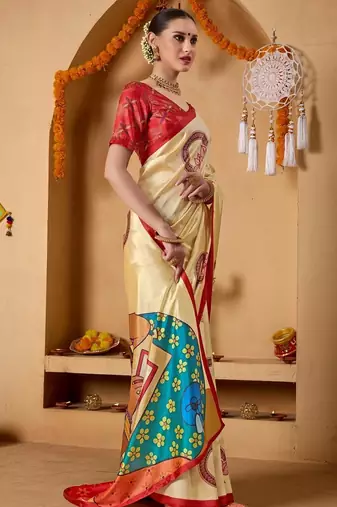 Cream printed art silk traditional saree with blouse piece