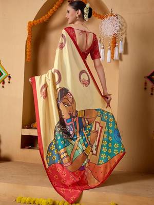 Cream printed art silk traditional saree with blouse piece 5