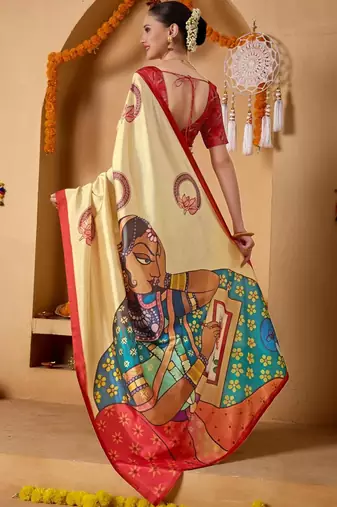 Cream printed art silk traditional saree with blouse piece