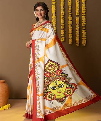 Off white printed art silk traditional saree with blouse piece 1