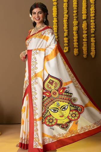 Off white printed art silk traditional saree with blouse piece