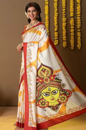 Off white printed art silk traditional saree with blouse piece