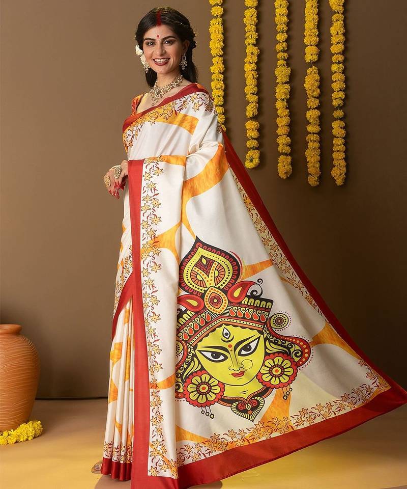 Off white printed art silk traditional saree with blouse piece