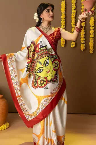 Off white printed art silk traditional saree with blouse piece