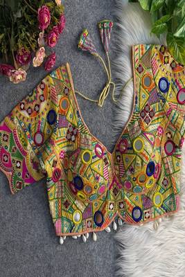 Women's cream multicolor mirror work navratri blouse | heavy gamthi embroidered italian silk choli 1
