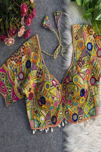 Women's cream multicolor mirror work navratri blouse | heavy gamthi embroidered italian silk choli
