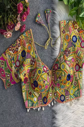 Women's cream multicolor mirror work navratri blouse | heavy gamthi embroidered italian silk choli