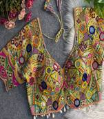 Women's cream multicolor mirror work navratri blouse | heavy gamthi embroidered italian silk choli