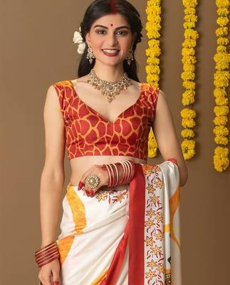 Off white printed art silk traditional saree with blouse piece 3