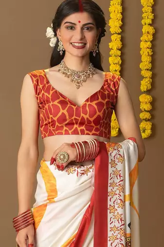 Off white printed art silk traditional saree with blouse piece