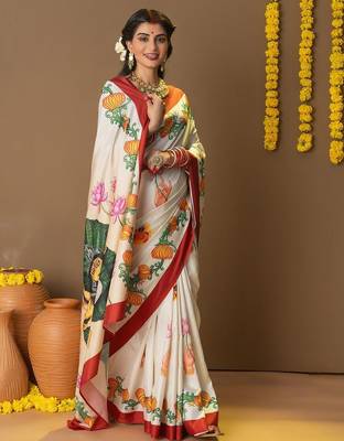 Off white printed art silk traditional saree with blouse piece 1
