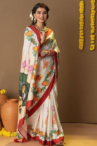 Off white printed art silk traditional saree with blouse piece