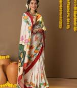 Off white printed art silk traditional saree with blouse piece