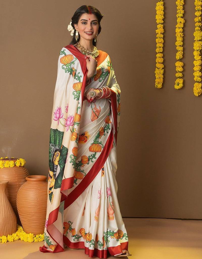 Off white printed art silk traditional saree with blouse piece
