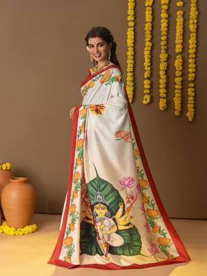 Off white printed art silk traditional saree with blouse piece 2