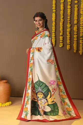 Off white printed art silk traditional saree with blouse piece