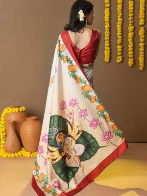 Off white printed art silk traditional saree with blouse piece 3